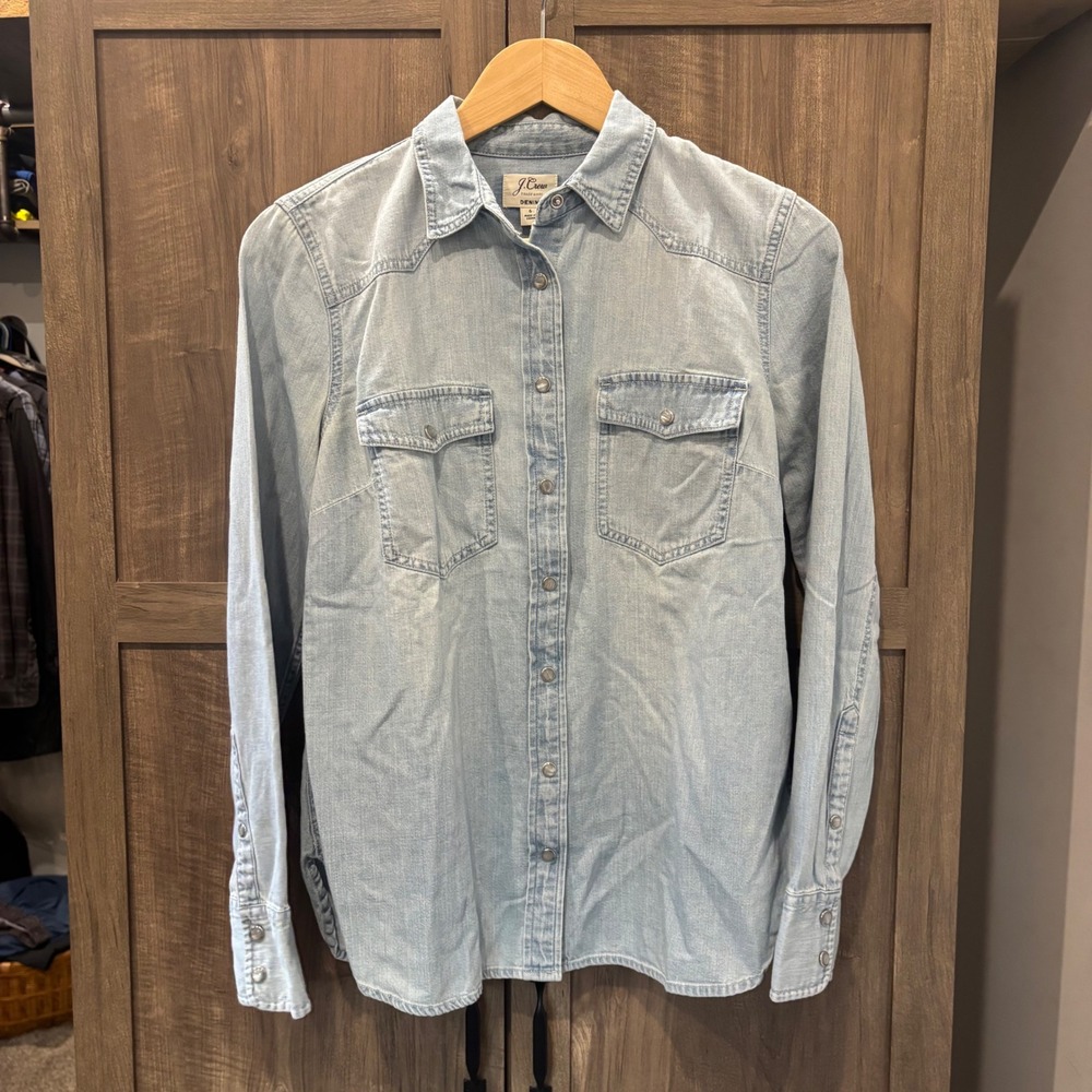 J.Crew Denim Pearl Snap Western Shirt Light Wash Button Down Blue 6